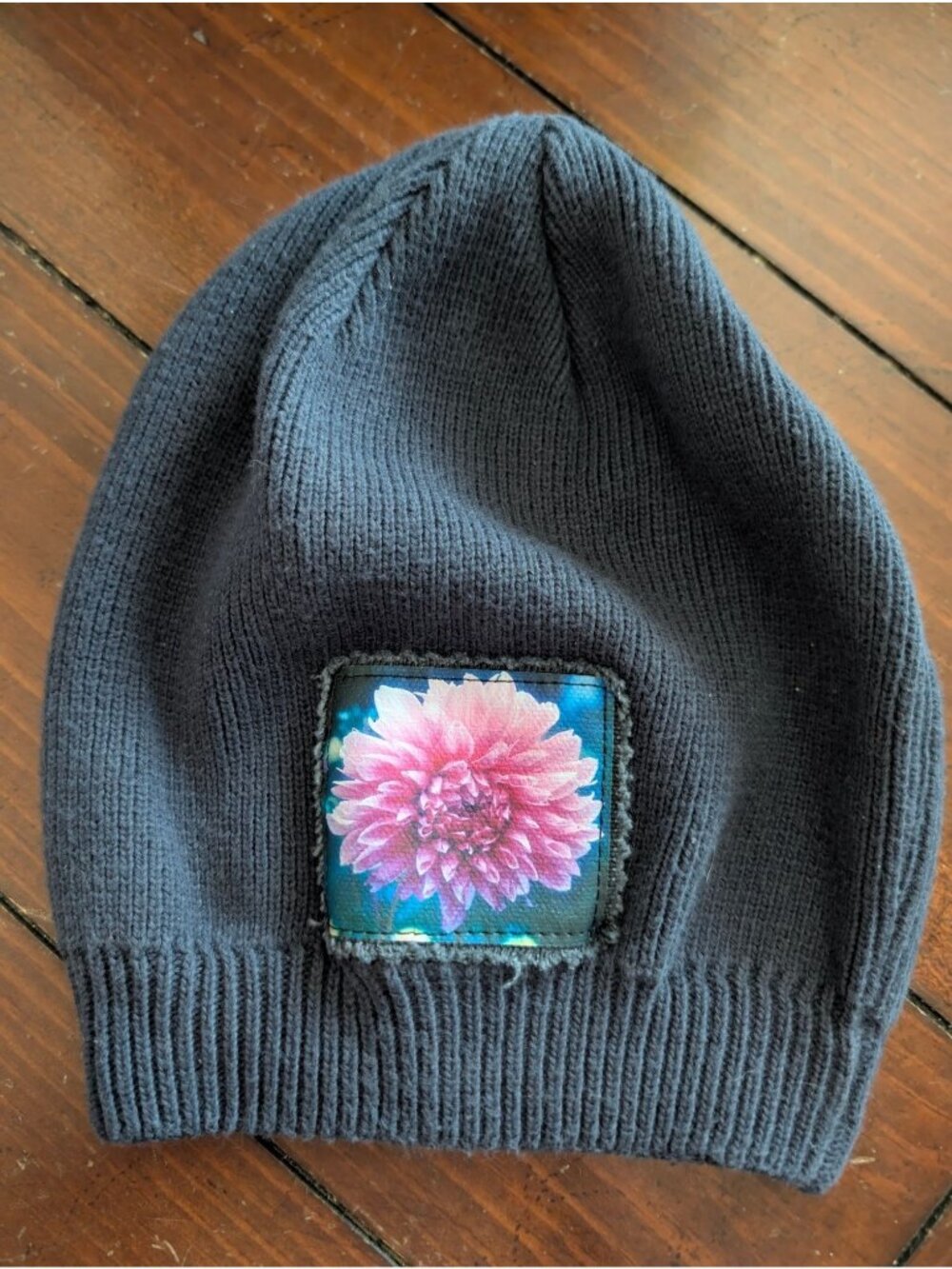 Dharma Love Organic Cotton Beanie With Floral Patch Navy Blue Sweatshop-Free Uni